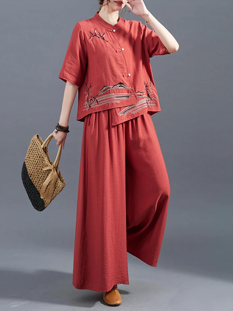 

High-End Chinese Embroidery Cotton Linen Short Sleeve Casual Two-Piece Set Women Summer Irregular Shirt Pants Leisure Ensemble