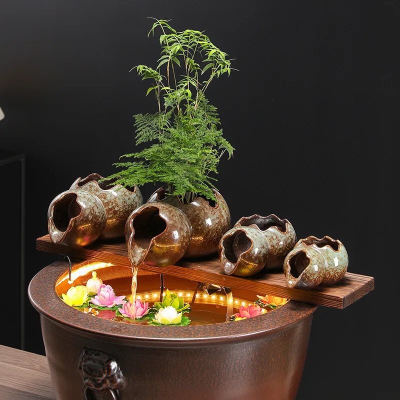 Top Opening Circulating Water Clay Pot Waterfall Water Fountain Jar Clay Pot New Outdoor Garden Fountain Fish Tank Home Decor
