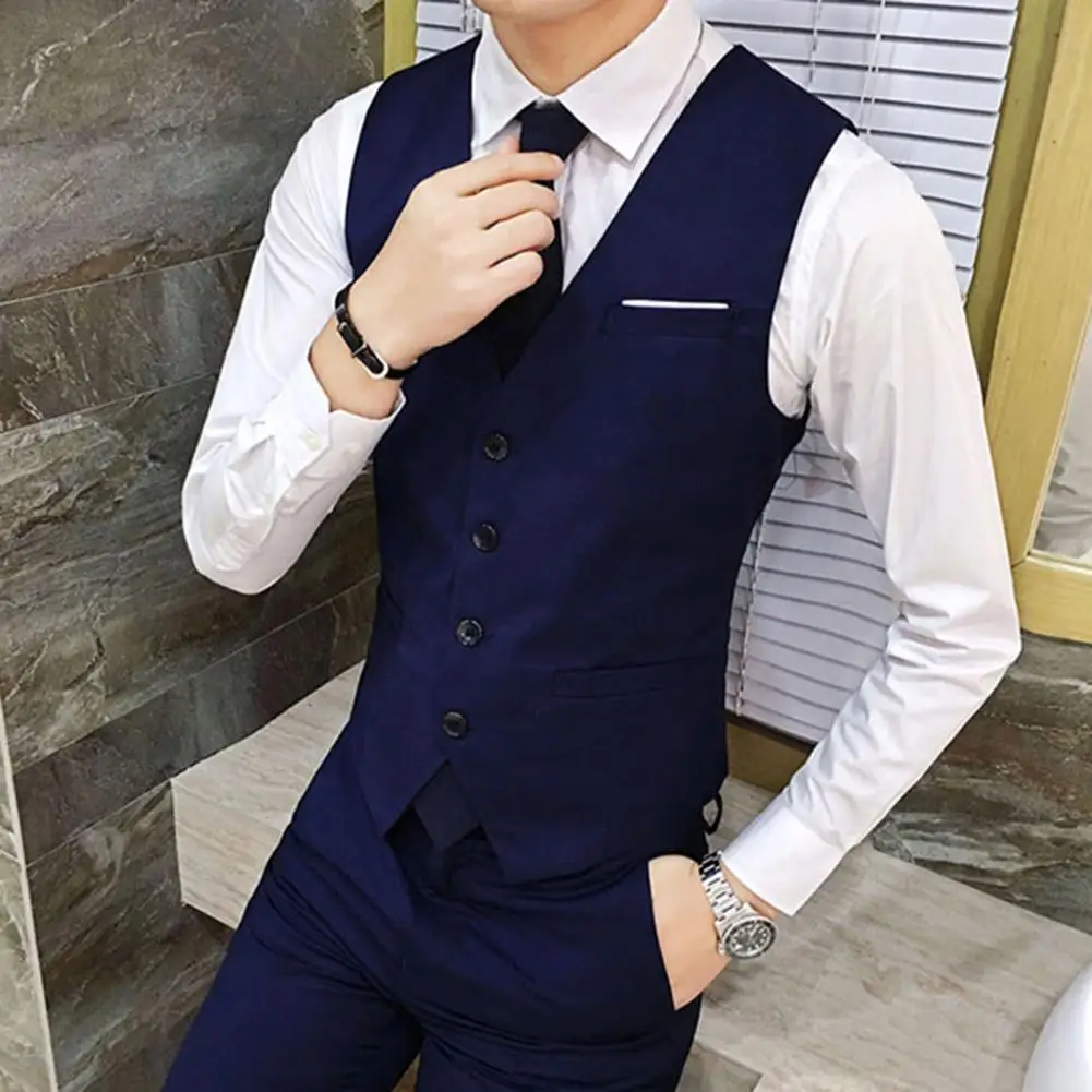 Men Formal Suit Vest Slim Fit V-neck Men's Formal Waistcoat Solid Color Groomsman Vest for Workwear Suit for 3 Years Experienced