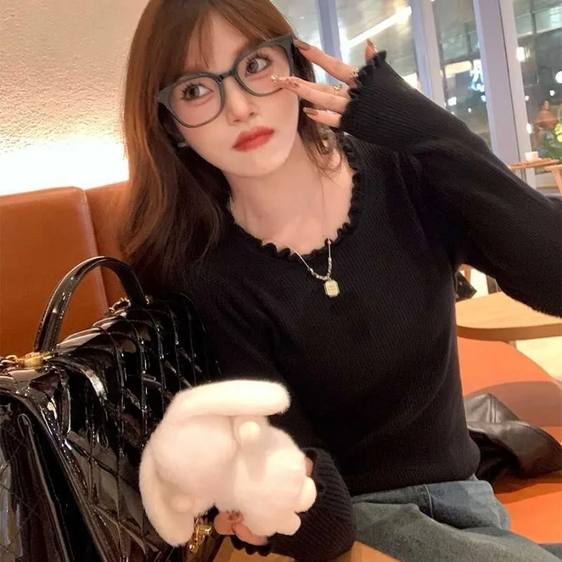 

Autumn Winter Sweaters Women Tops Versatile Ruffles Basics Solid Short Pullovers Korean Fashion Slim Fit Elegant Pulls Femmes