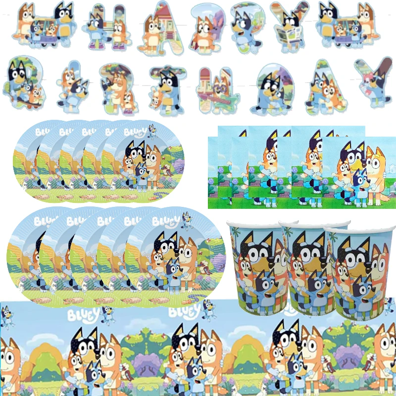 Kit de decoración para fiesta de cumpleaños Bluey con vajilla, incluye taza, plato, servilleta, mantel, pancarta, globo para suministros para eventos y fiestas