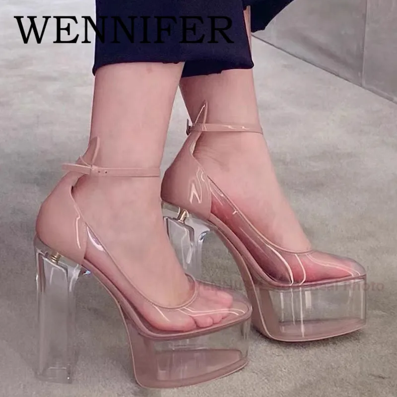 Transparent PVC 100mm Platform Pump Round Toe Buckled Ankle Strap Sandal Women Runway Party Dress Chunky High Stiletto Heel Pump