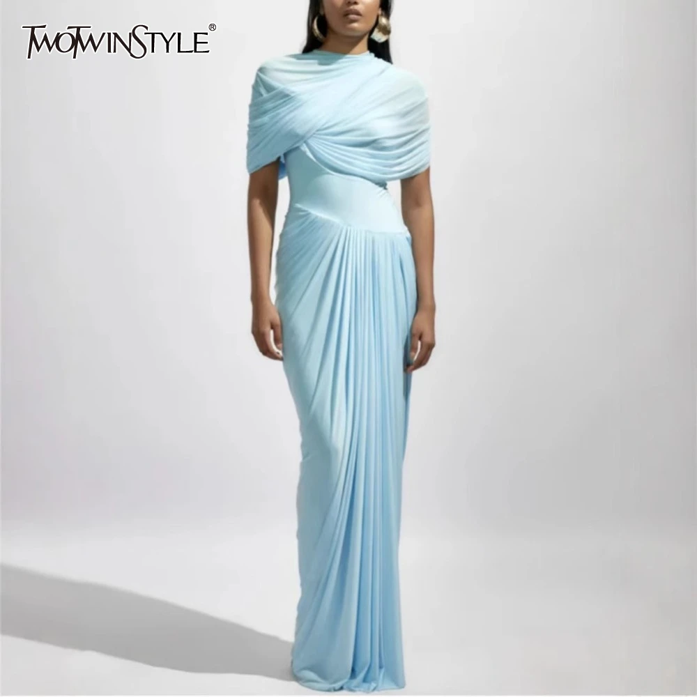 

TWOTWINSTYLE однотонные длинные платья для похудения со складками для женщин, длинное платье с круглым вырезом и коротким рукавом, высокой талией, темпераментное женское платье