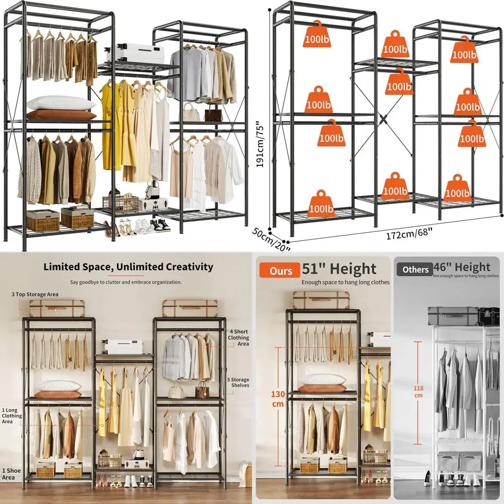 

Wardrobe Organizer - Heavy Duty Clothes Rack with 5 Closet Rods & 6 Shelves, Adjustable for Hanging & Storage - 75.2''67.7'', Bl