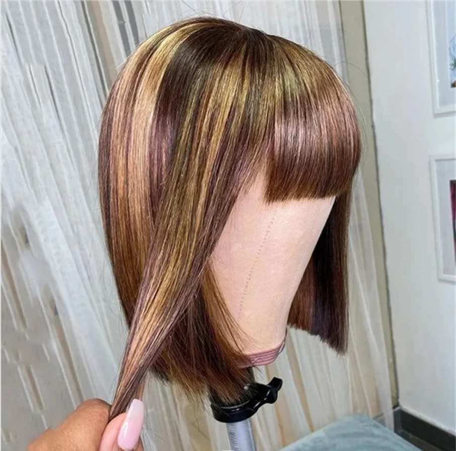 180D Straight Highlight Bob Wig Brazylijska peruka z ludzkich włosów z grzywką dla czarnych kobiet Remy Hair Full Machine Made Tanie peruki