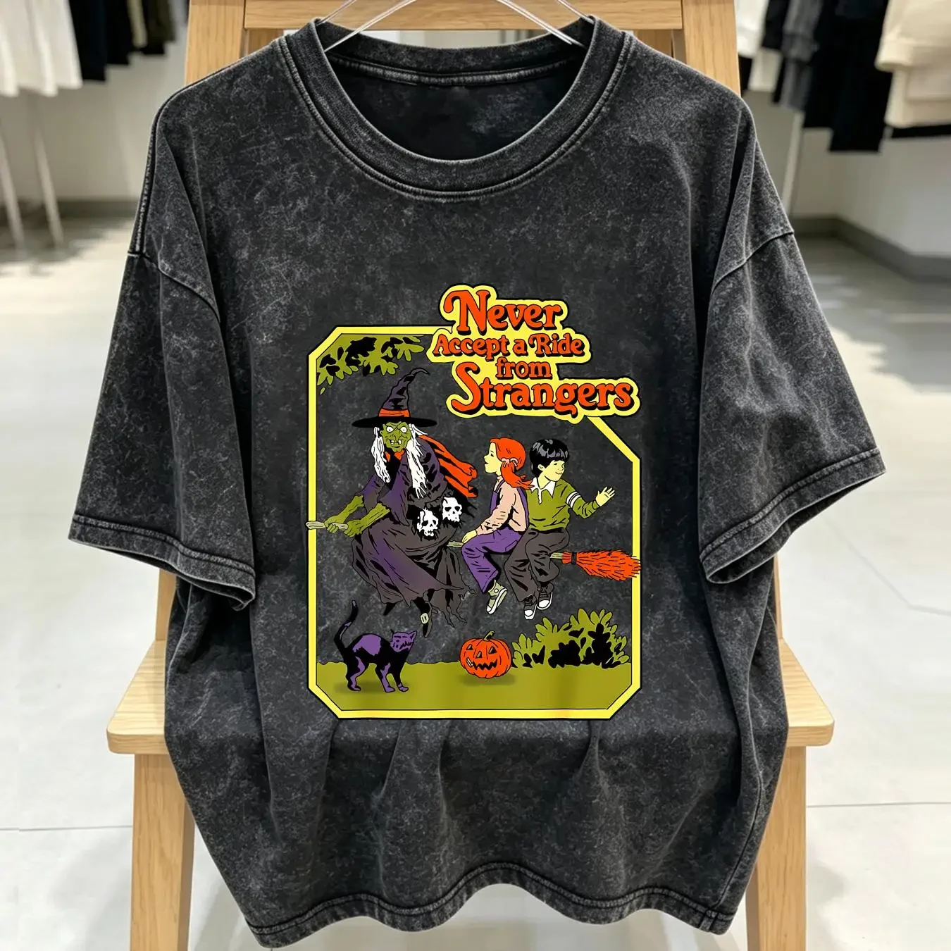 washed T Shirt Never Accept A Ride From Strangers Funny Halloween  vintage Washed graphic Top For Everyday Wear Stylish Unisex