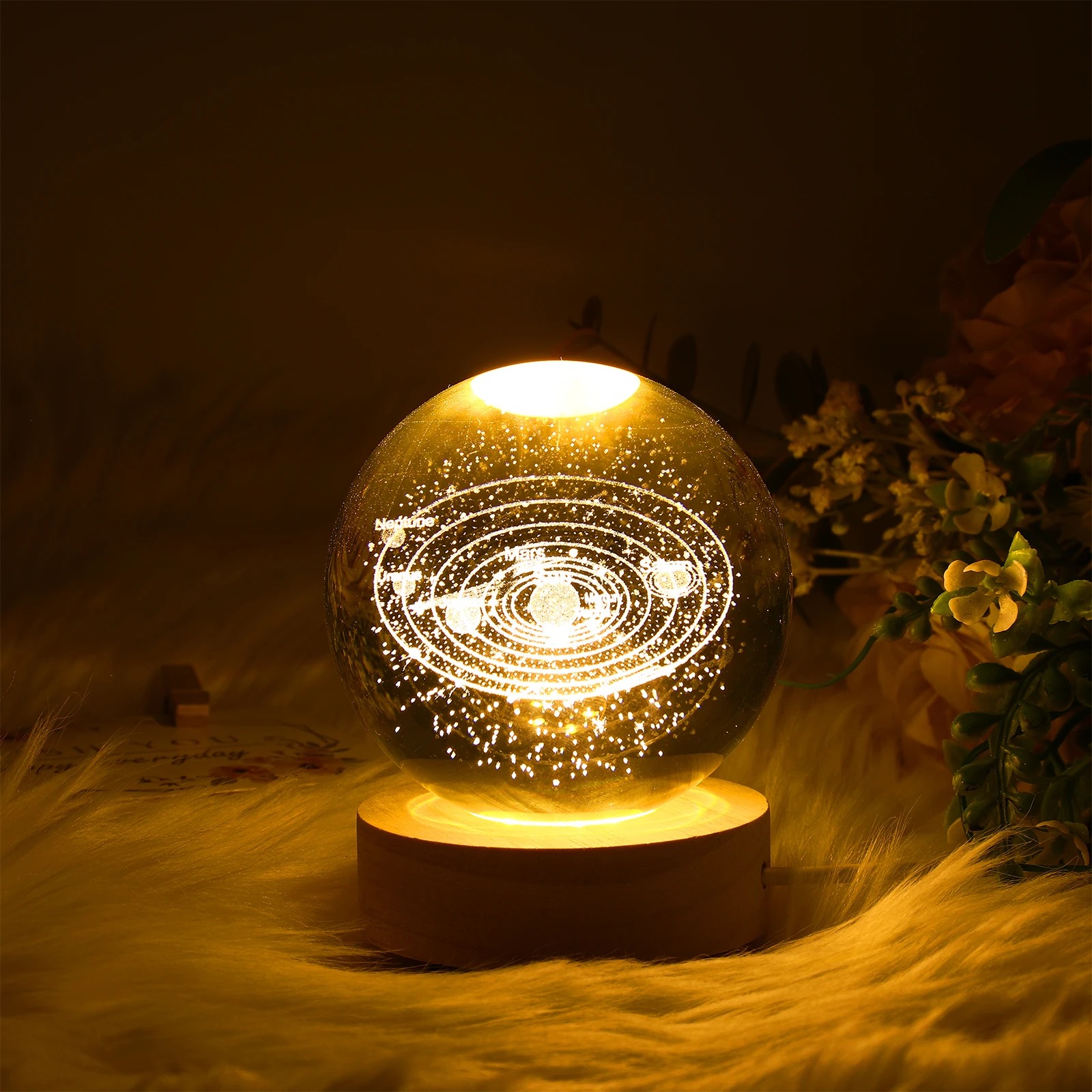 3D Engraved System Crystal Ball With Wood Base Lamp 8cm Solar System Model Night Light with Wood Base Table Lamp Gift