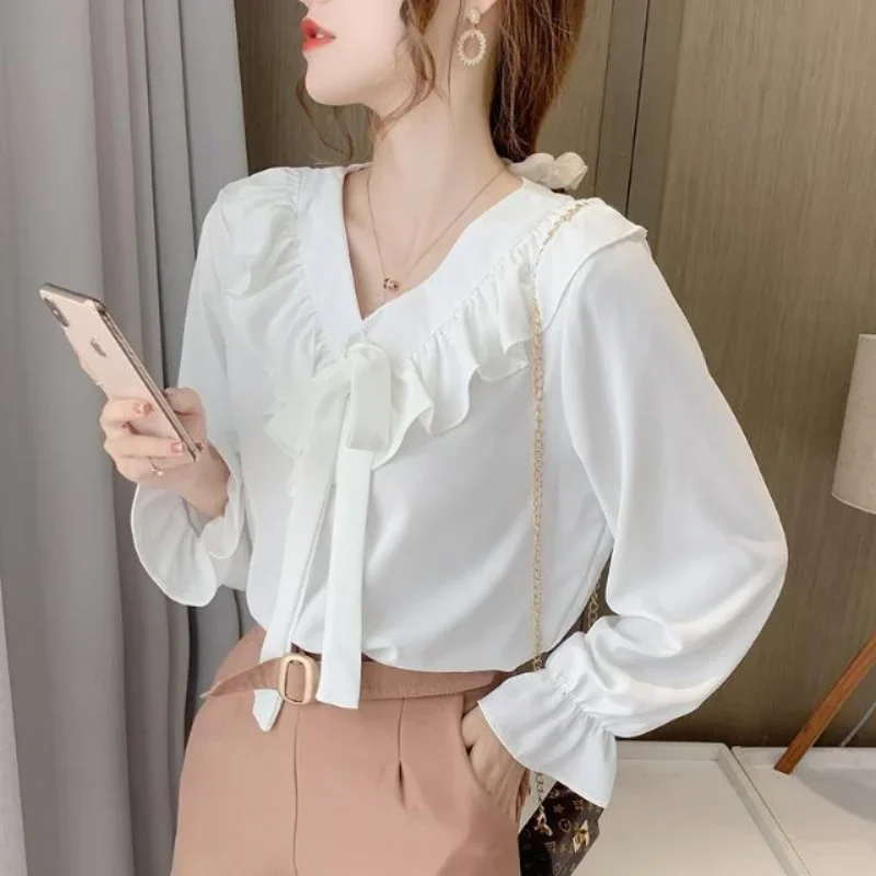 Süße Chiffon Plissee Shirt Tops Frühling Herbst neue Langarm V-Ausschnitt Schleife einfarbige Bluse 90er Jahre Mode lässig Frauen kleidung