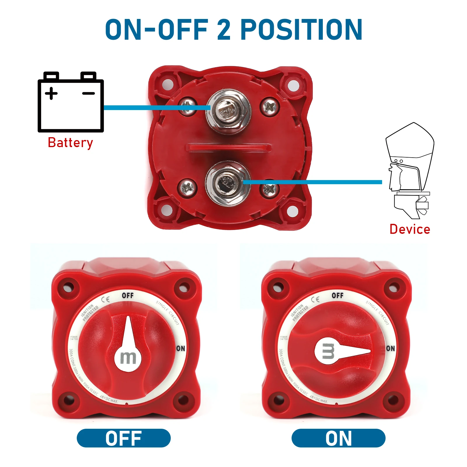 M-Series Battery Disconnect Switch 300A 48V Single Circuit Battery Cut Off Power Kill Switch Isolator For Marine Boat RV Camper