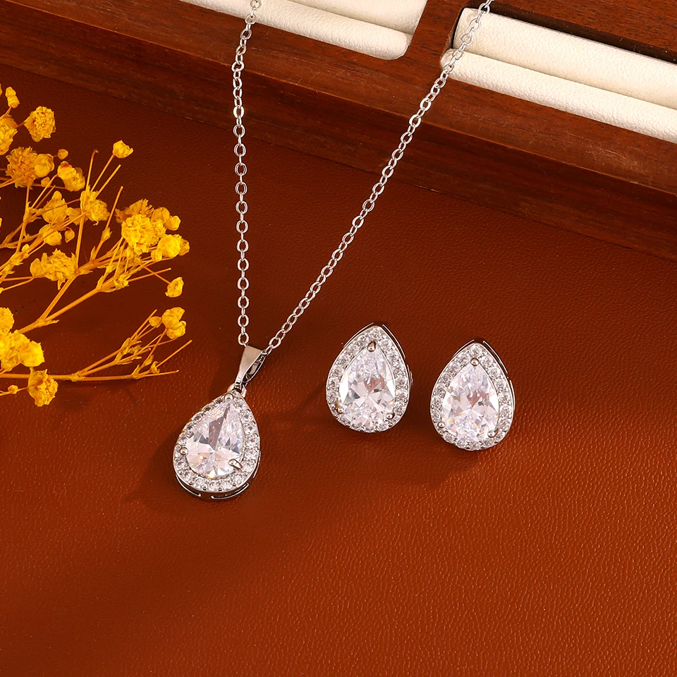 ZAKOL Trendy Bling Cubic Zirconia Water Drop Pendant Necklace Earring Set for Women Zircon Party Luxury Wedding Jewelry Set