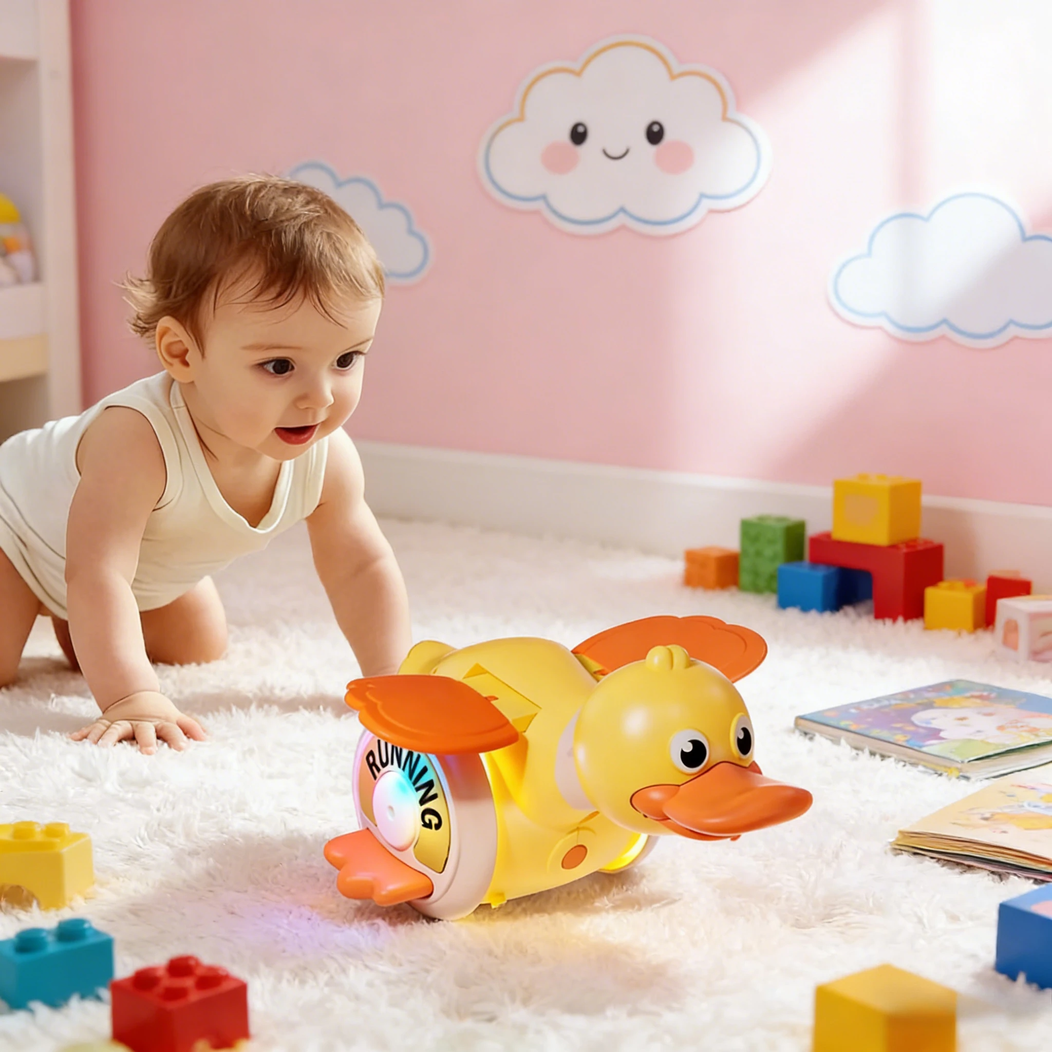 

Pato Eléctrico de Plástico | Sonido Musical Interactivo + Luz Giratoria, Pato Bailarín Sensorial, Colección de Forrajeo