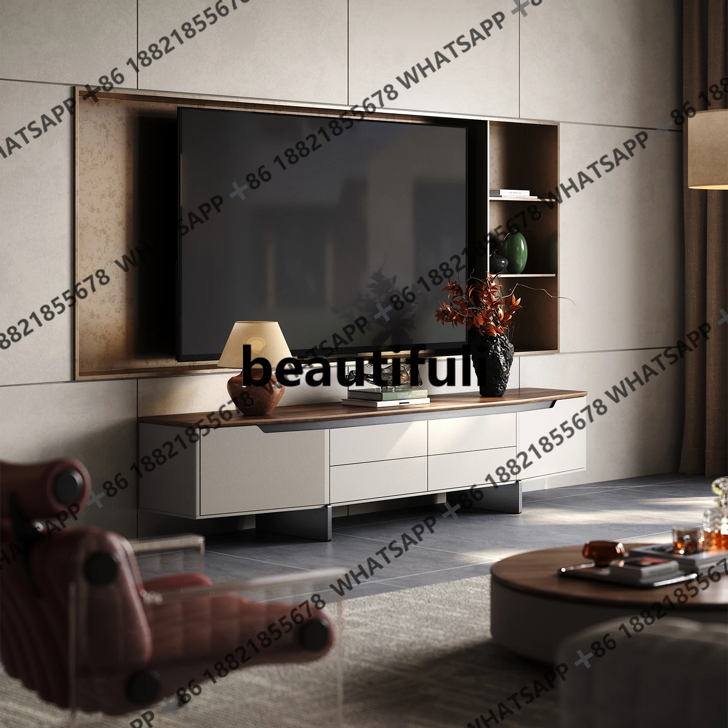 

Light luxury high-end TV cabinet, high-footed suspended Italian minimalist living room storage locker integrated
