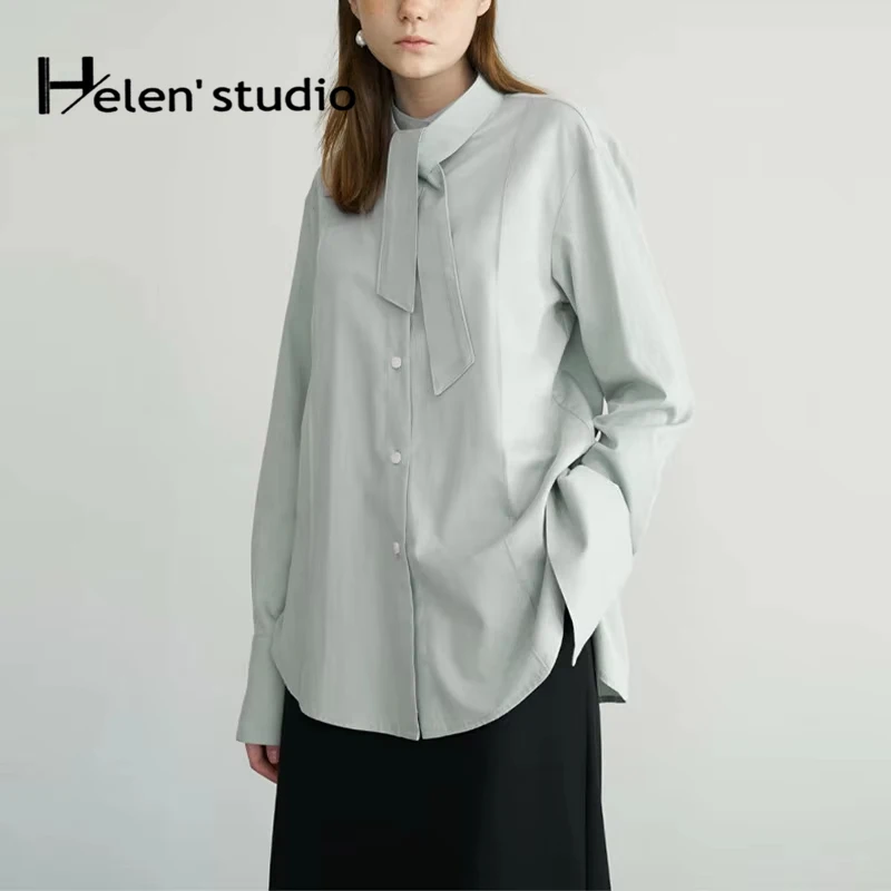 

Оригинальные женские блузки и рубашки из 100% хлопка, белые, с бантом, свободного кроя, с длинными рукавами, офисные женские рубашки, винтажная женская одежда