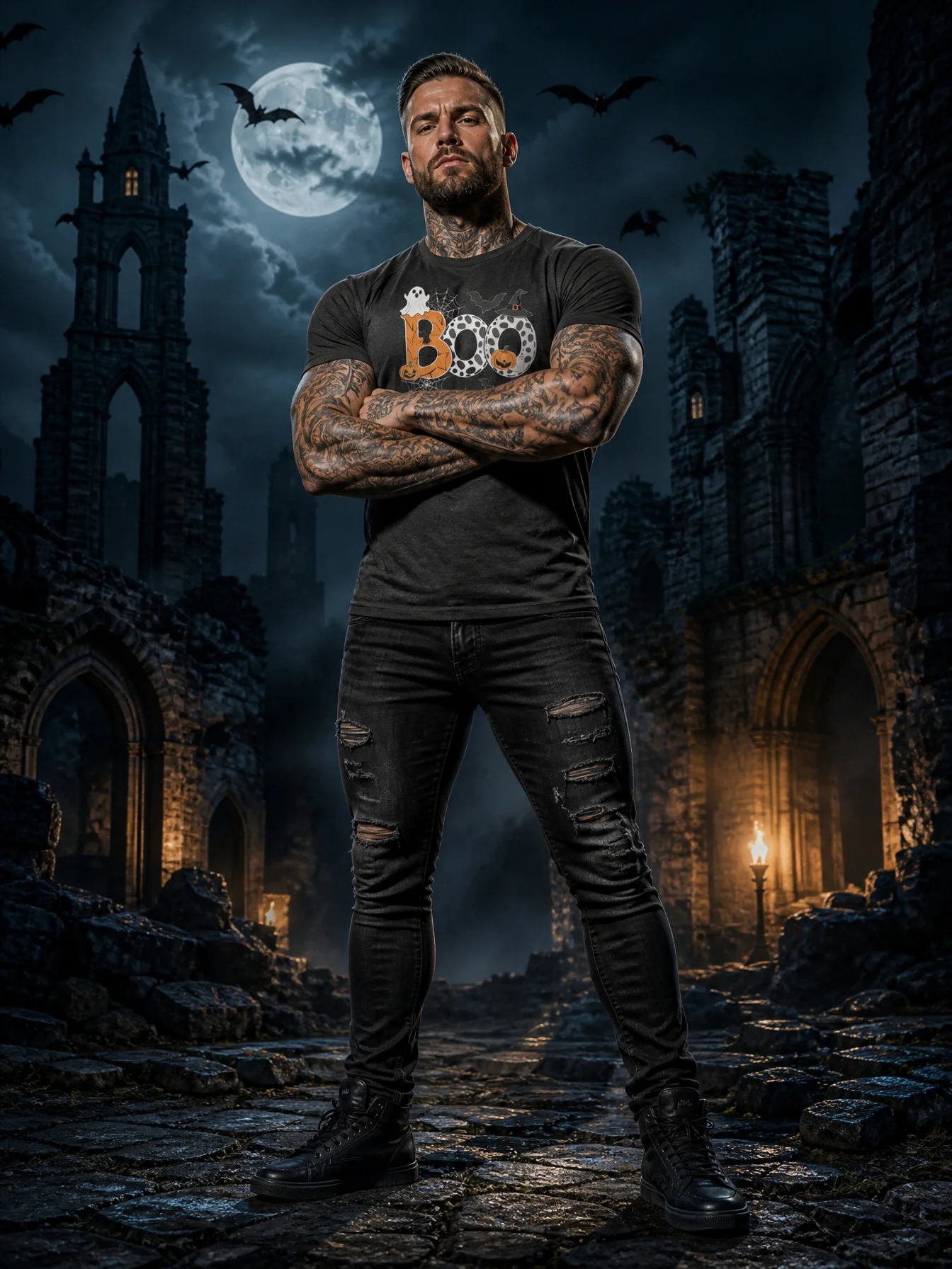 T-shirt de sport léger pour homme, imprimé chauve-souris fantôme, manches courtes à haute élasticité, vêtement décontracté pour le cyclisme et le fitness.