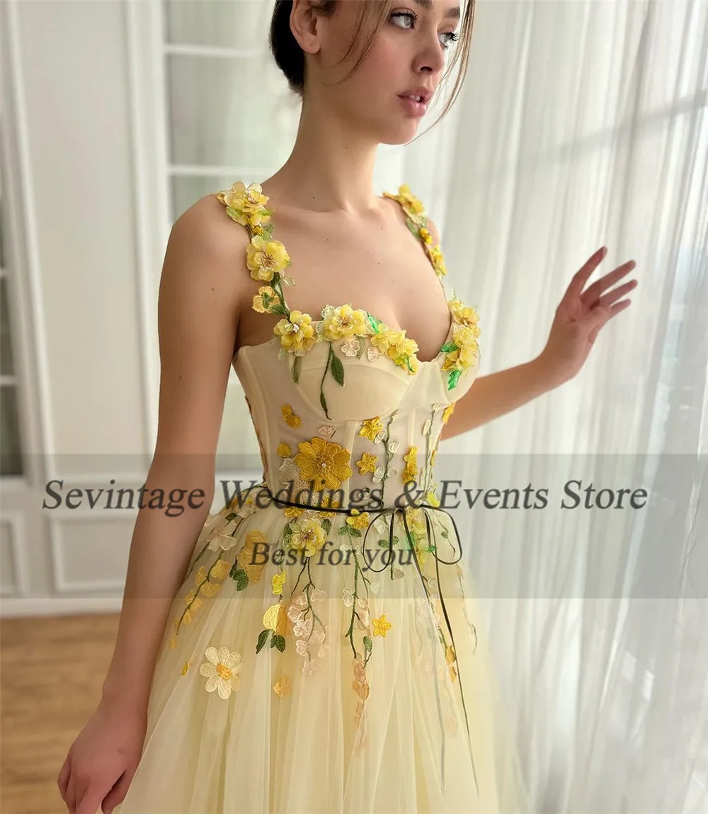 Sevintage Customized Fairy Yellow Tulle Prom Dress A-Line Spaghetti Strap Sweetheart 3D Flower Homecoming Dresses