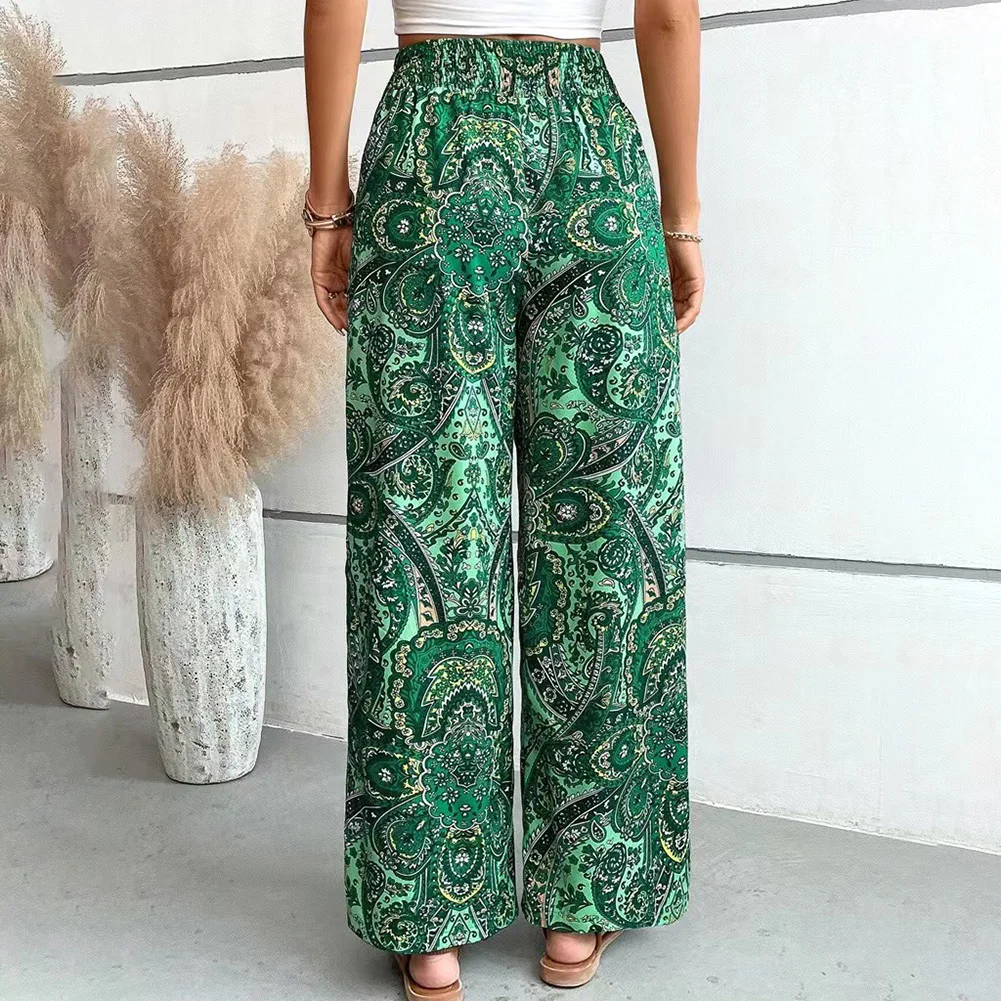 กางเกงขายาวเอวสูงลายแฟชั่น สไตล์ลำลองสำหรับผู้หญิง ใส่สบาย เหมาะกับฤดูใบไม้ผลิและฤดูร้อน ขอบเอวยางยืด สไตล์โบฮีเมียน เหมาะกับใส่ไปเที่ยวชายหาด