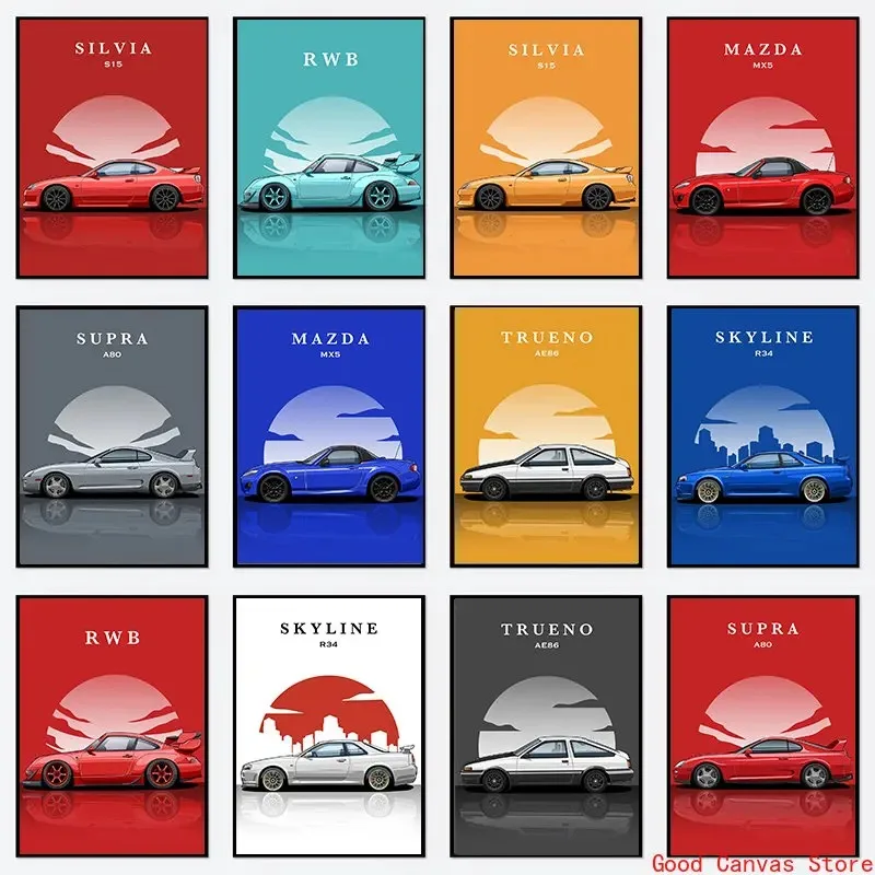 Jdm Cars Posters RWB Mazda MX5 Nissan Silvia S15 Toyota Trueno AE86 Canvas Painting HD Print Wall Art For Living Room Home Decor