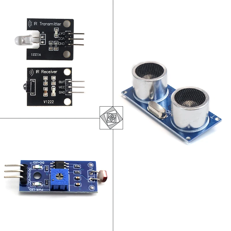 HC-SR04 مستشعر بالموجات فوق الصوتية، طقم استقبال جهاز إرسال الأشعة تحت الحمراء، 5516 وحدة المقاوم الضوئي لتجنب عوائق السيارة الروبوتية Arduino