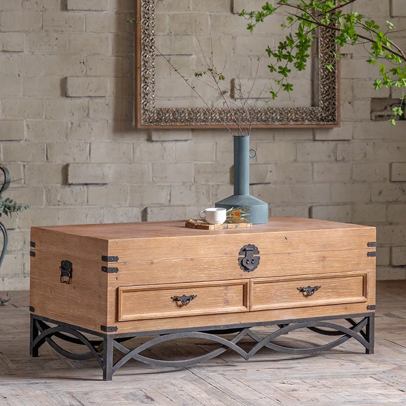 Retro solid wood wrought iron bedroom bedside table