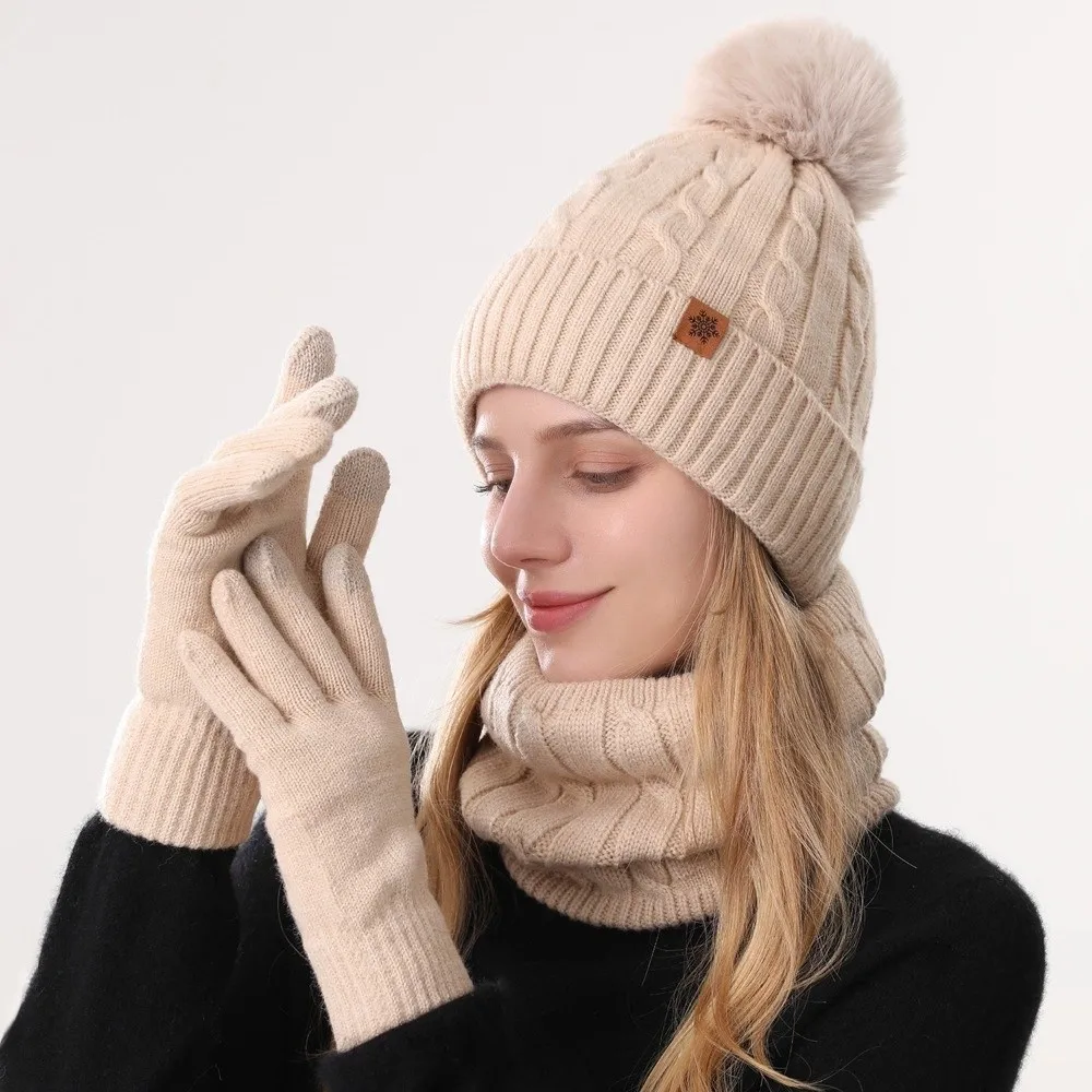 3Pcs/Set Warm Winter Hat Scarf Gloves Set Thicken Lining Scarf Neck Warmer Suit Soft Elastic Touchscreen Gloves for Men Women