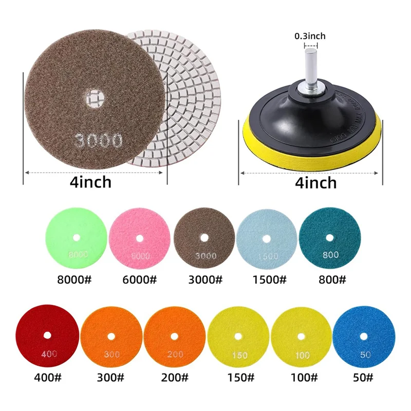 AT53 Set di tamponi per lucidatura diamantati da 13 pezzi, tamponi a grana 50-8000, kit per lucidatura a umido/secco con cuscinetto di supporto per smerigliatrice da trapano lucidatrice da roccia