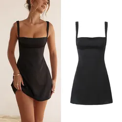 DUOPERI Women Fashion Black Mini Camisole Dress Square Neck Female Chic Lady Casual Elegant Short Dress