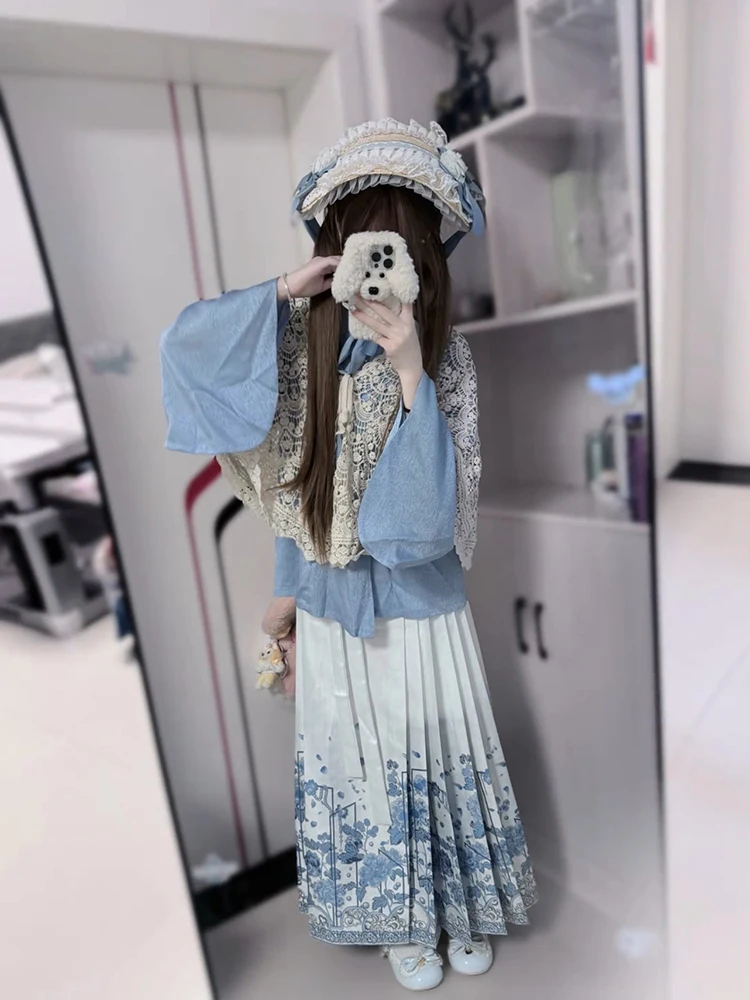 

White Hanfu Lolita Set with Pauper Sves Blue Traditional Chinese Women's Clothing Polyester Fiber Spring Season Faion