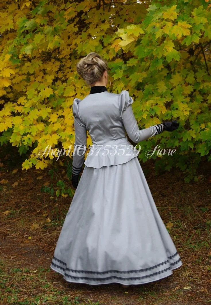 17th Century Prom Dress Vintage Grey Long Sleeve Small Jacket A-Line Dress Two Piece Renaissance Ball Gowns vestido festa