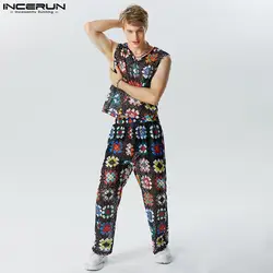 INCERUN Men Sets Lace Flower Printing Transparent V Neck Sleeveless Tank Tops & Pants 2PCS Streetwear 2023 Sexy Men Suits S-5XL