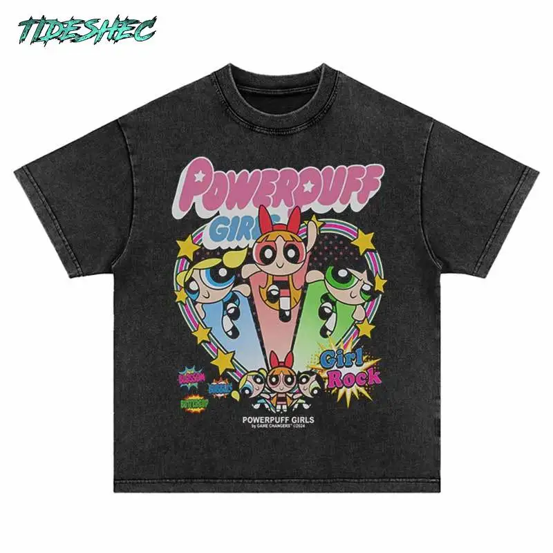 

Distressed Oversize T Shirt Streetwear Anime Cartoon Graphic Print Retro Tshirt 2024 Hip Hop Casual Cotton Loose T-Shirt Black