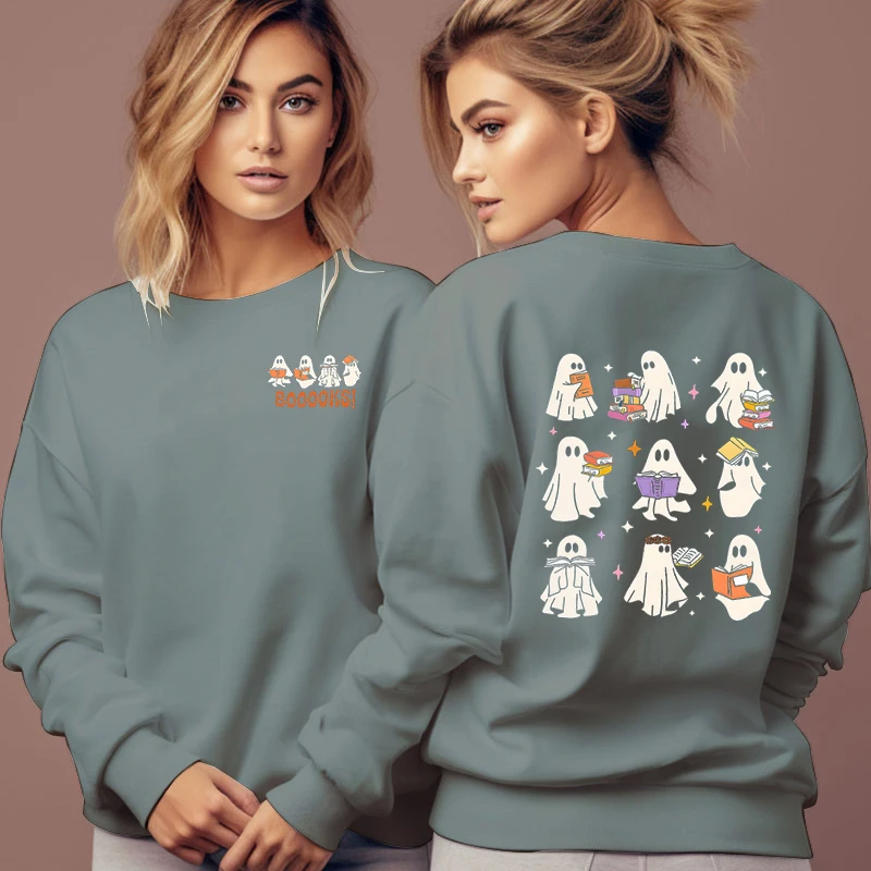 Halloween Cute Ghost Graphic Sweatshirts Women Reading Lover Gift Trendy Autumn Clothes Women Ghost Books Halloween Sweatshirt