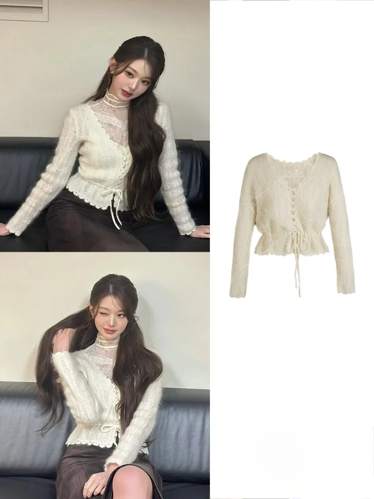 

Handmade Lace Knitted Sweater V-Neck Tie-Belted Pure Wool Casual Style Slim Fit Long Sleeve Short Length Button-Up Top for Women