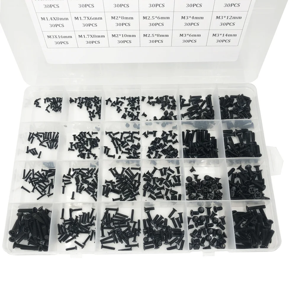 720pcs countersunk flat head phillips small mini screw set m1.4 m1.7 m2 m2.5 m3 carbon steel computer notebook laptop screws kit