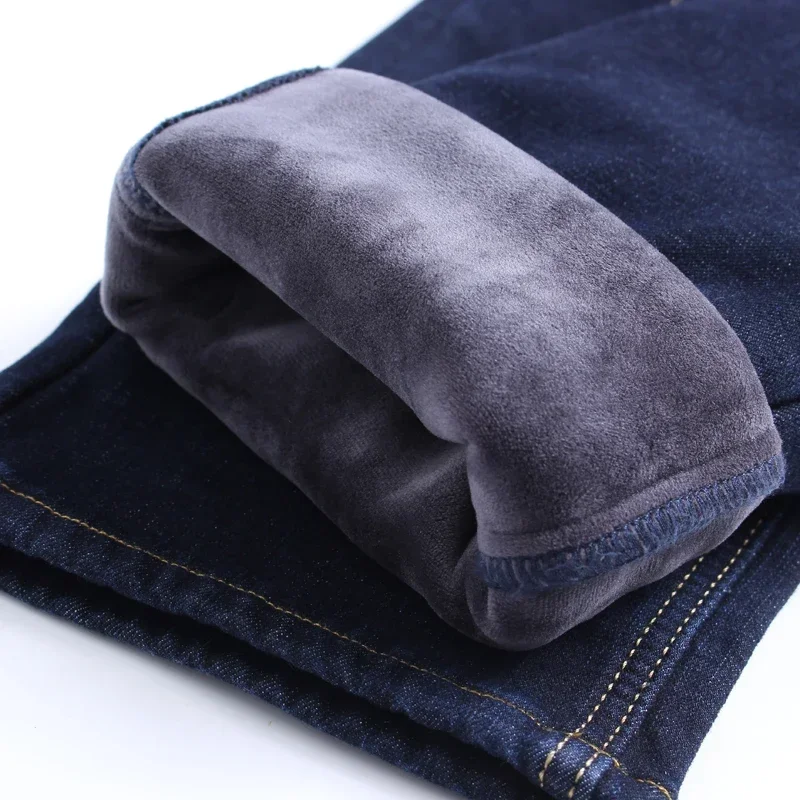 2025 Men\'s Winter Jeans Warm Straight Fit Fleece-lined Warm Denim Pants Male Classic Blue Business Stretch Thick Cowboy Trousers