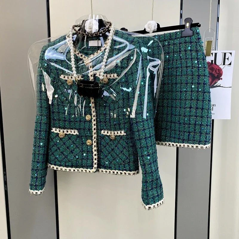 New Women Elegant Vintage Tweed Fragrant Suit Jacke Coat Top and Skirt Two Piece Set Green Outfit Winter Jacquard Party Clothing