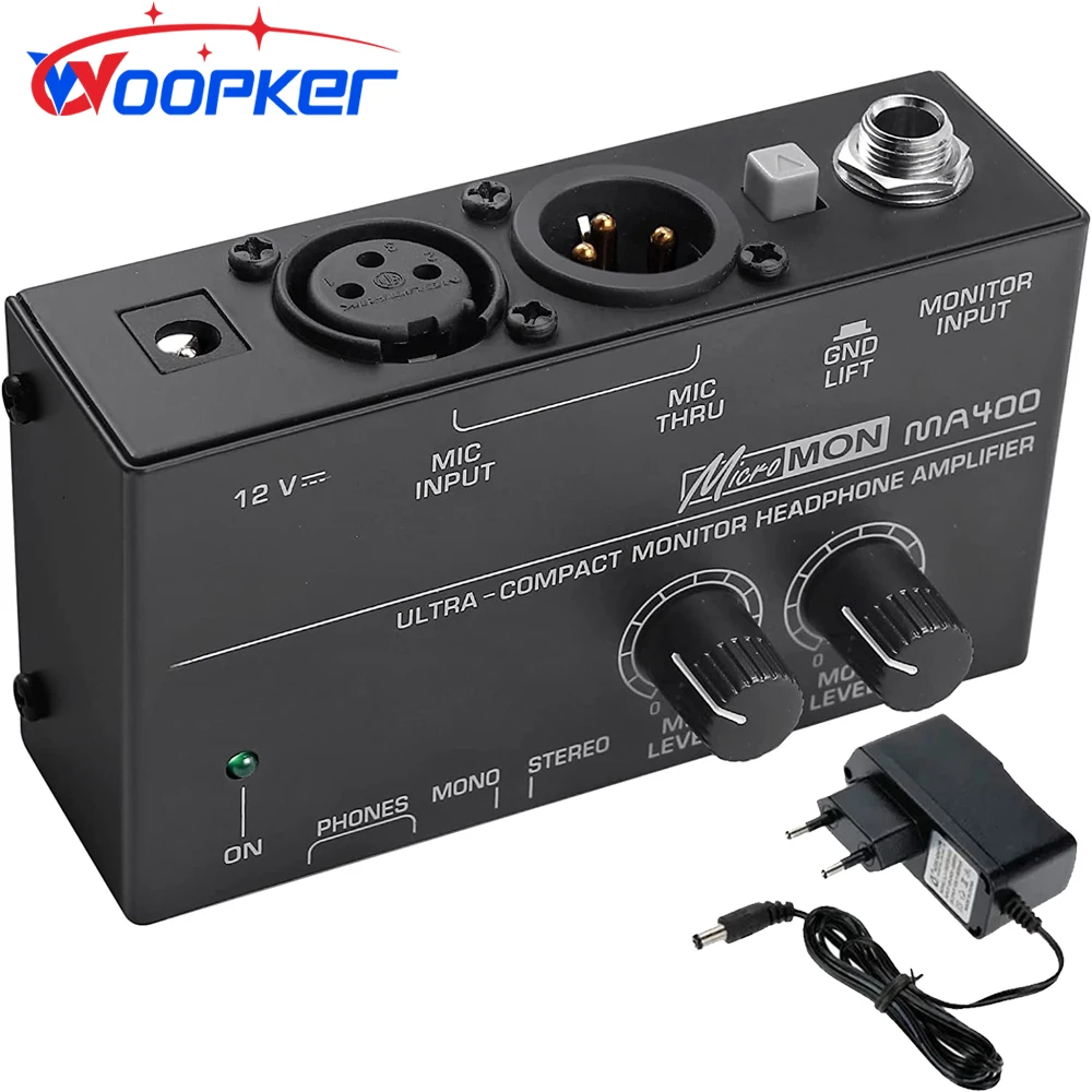 New MA400 Headphone Preamplifier Microphone Preamplifier Audio 6.35mm & 3.5mm Headphone Outputs Mixer with 12V Power Supply