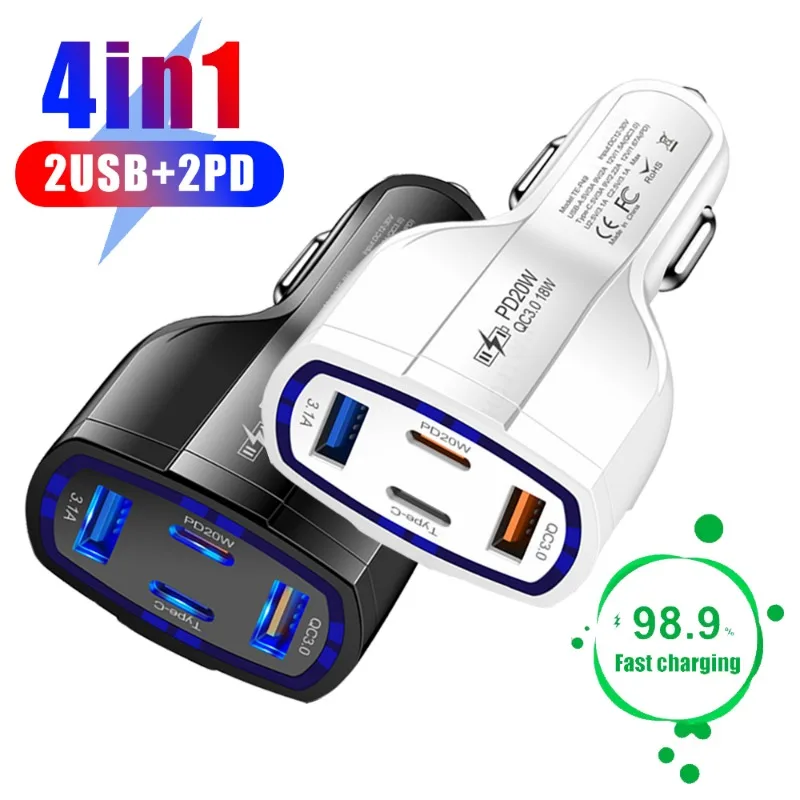 携帯電話用タイプC充電器,自動シガレットライター38w,4 in 1, 2USB,2d,qc3.0