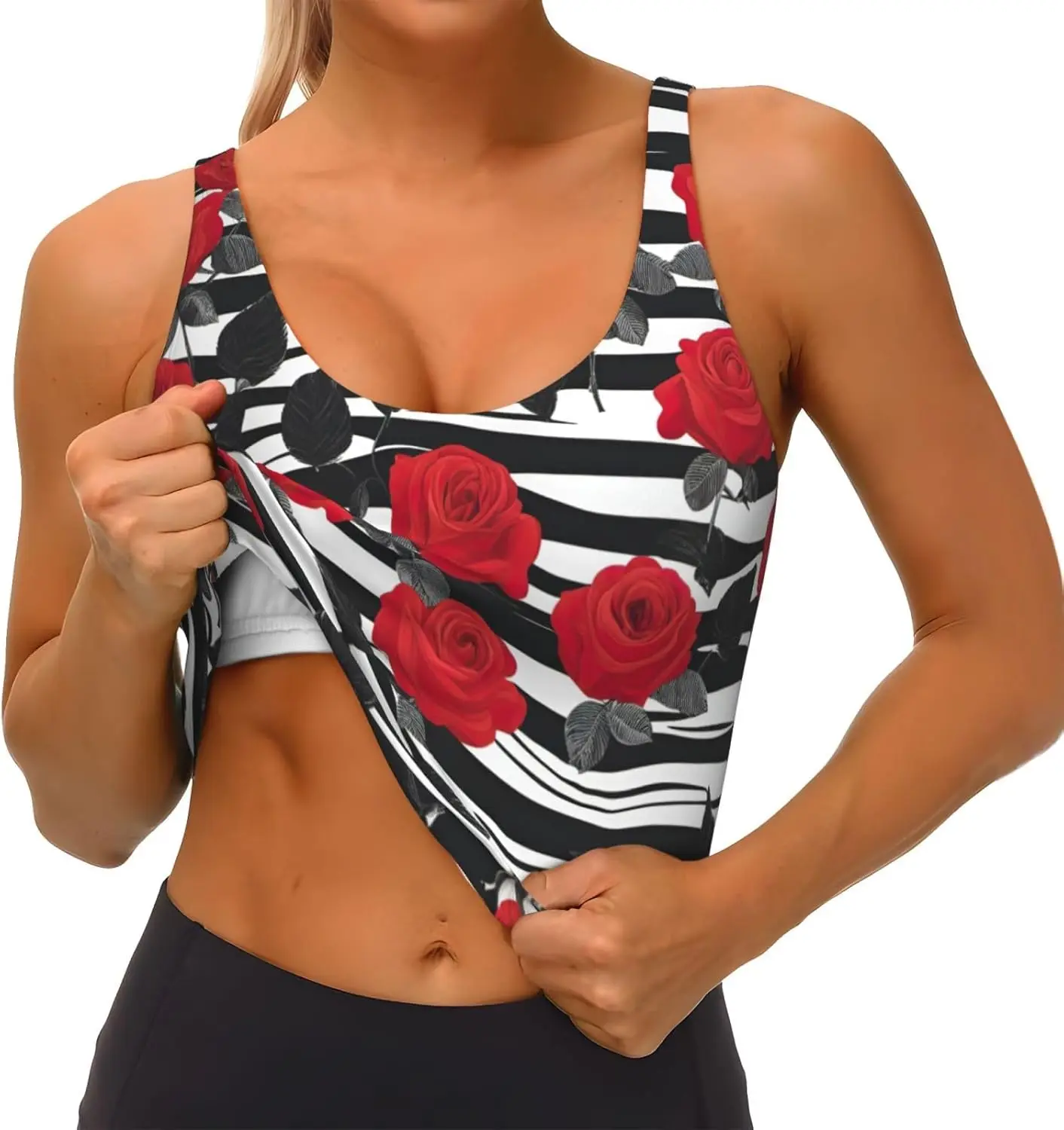 أسود أبيض المشارب الأحمر روز الزهور طباعة المرأة تجريب تانك القمم Racerback أكمام سترة رياضية لصالة الألعاب الرياضية اليوغا