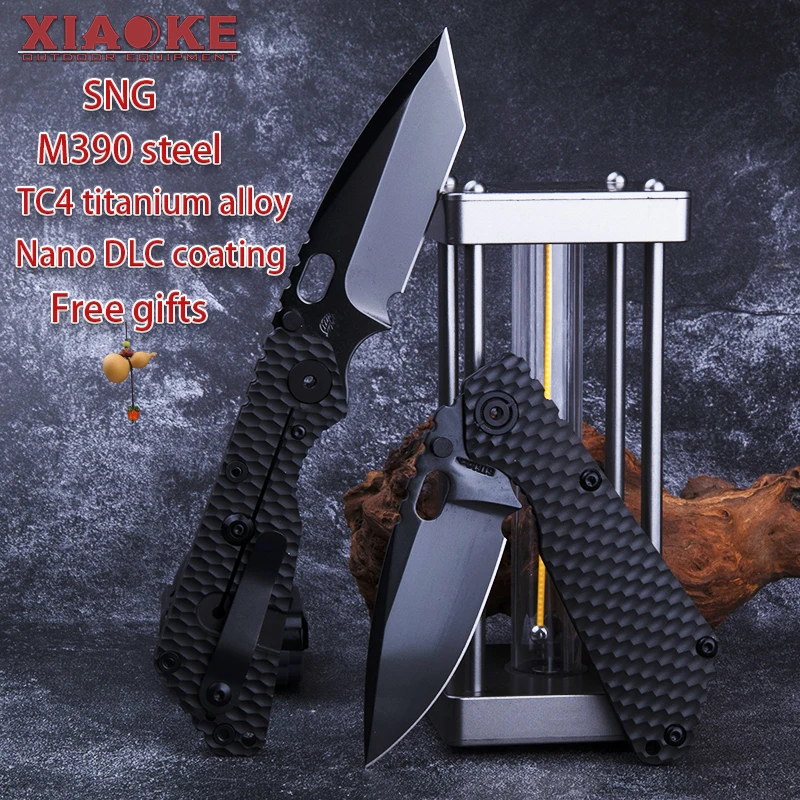 M390 Steel Camping Knife, NanoDLC Coated Blade, TC4 Titanium Alloy Handle, Bushcraft EDC Folding Pocket Knife