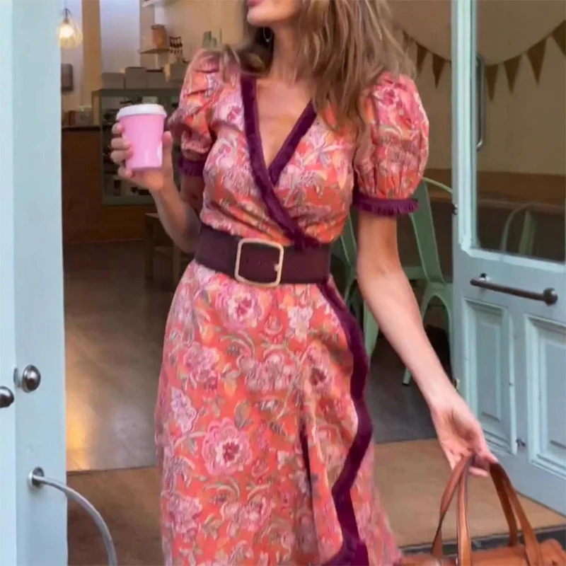 Feminino casual mangas bolha babados vestido longo moda altura cintura bohe vestido de festa elegante padrão impressão com decote em v vestido de férias