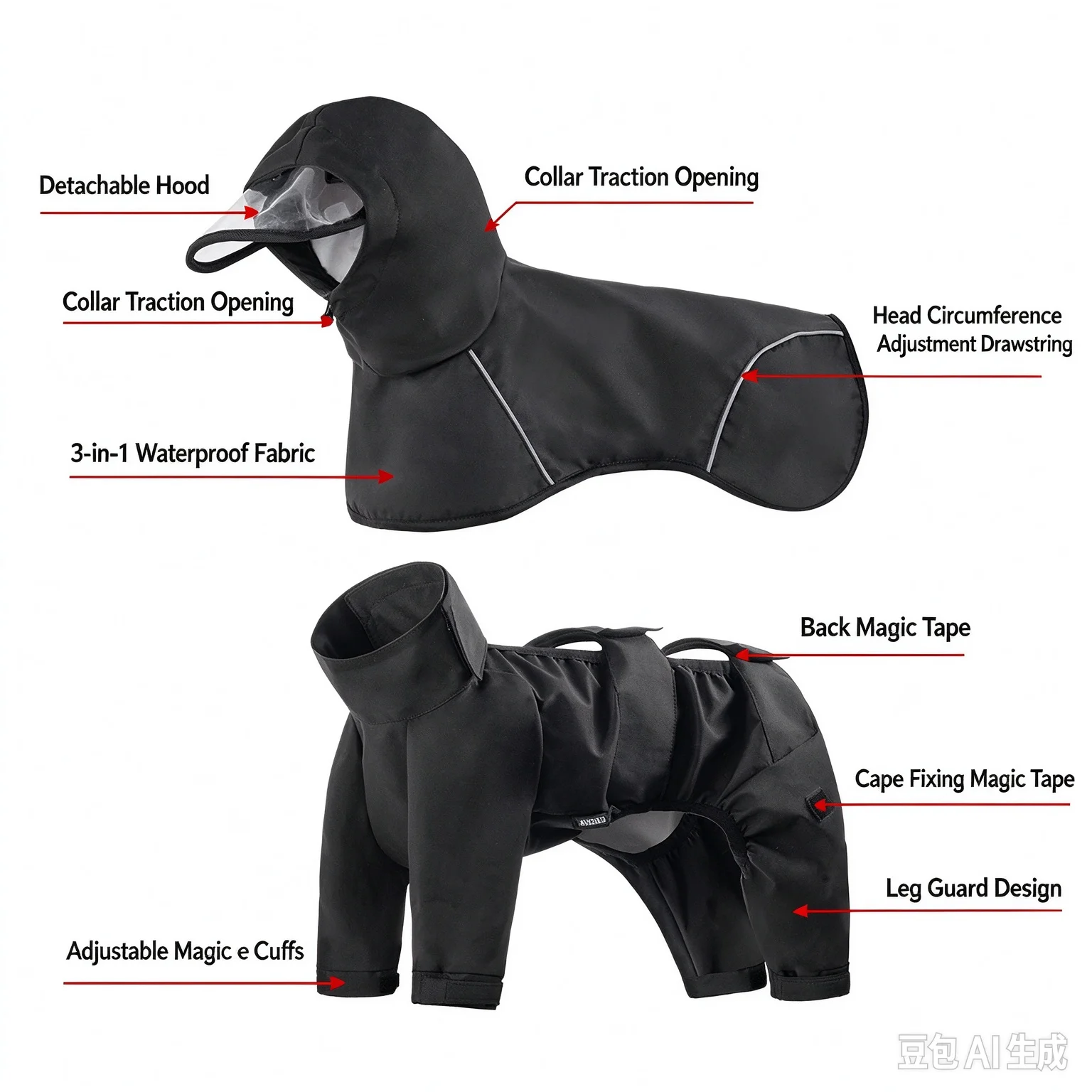 XUNDI Black Polyester 2-Piece Detachable Waterproof Windproof Reflective Full Body 4 Legs Dog Raincoat