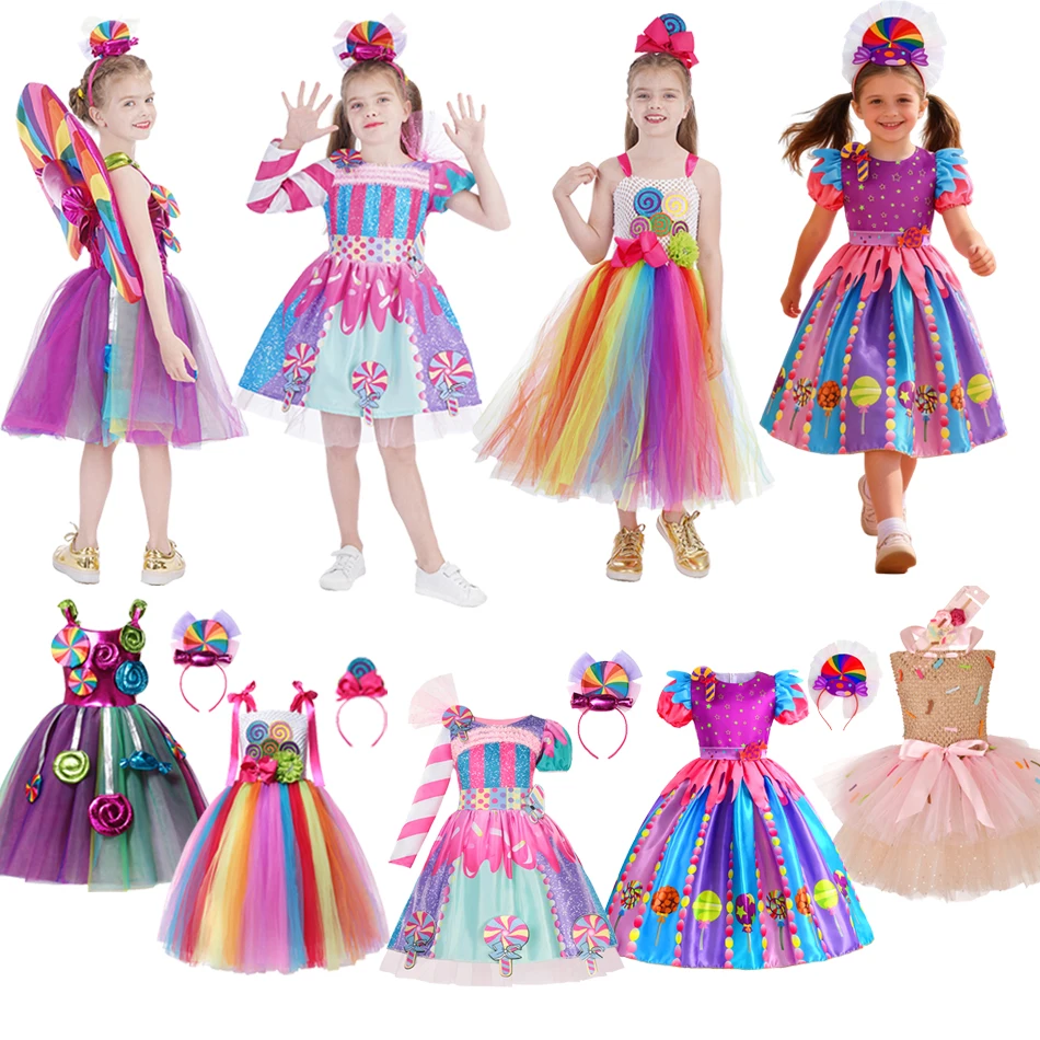 

Girls Candy Fairy Lollipop Cosplay Costume Toddler Carnival Purim Rainbow Vestidos Girls Birthday Party Long Short Sleeves Dress