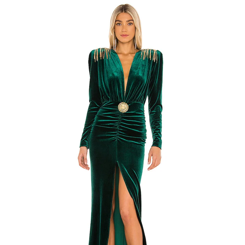 

2023 Spring New Women Maxi Long Dresses Flannel Fashion Elegant Dress Female Long Sleeves Metal Tassel Long Evening Dress Green