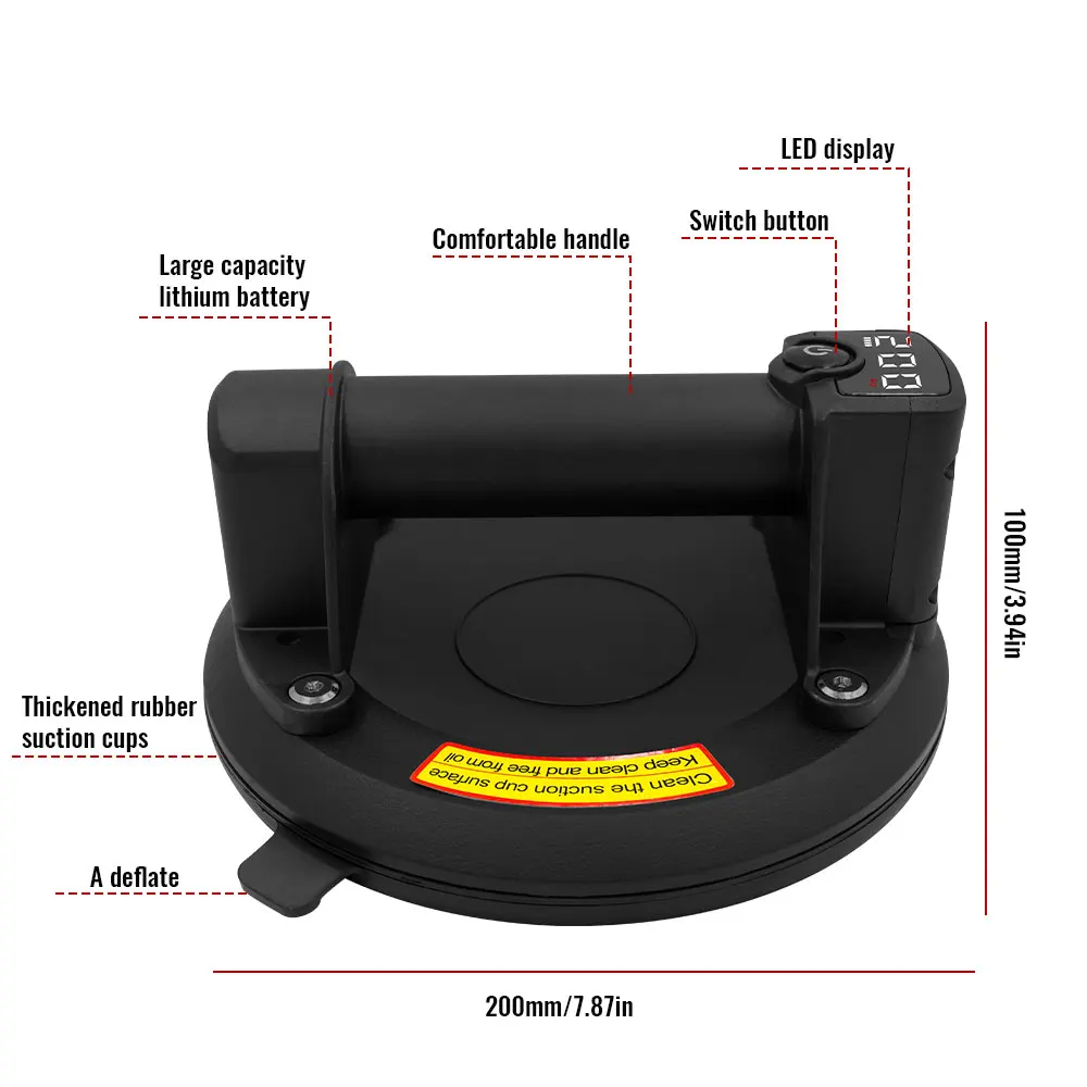 2026 Intelligent Display Industrial Grade Electric Vacuum Suction Cup 200KG Load Heavy Duty Granite Tile Glass Lifter