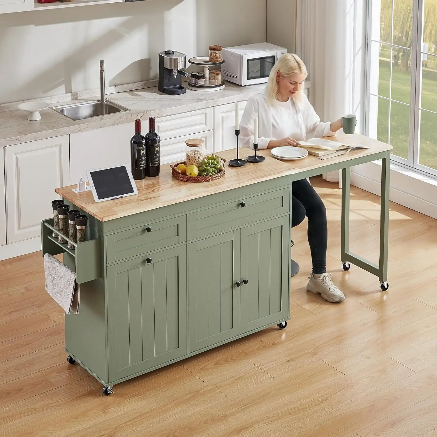 Kitchen Islands with Extendable Dining Table, Mobile Storage Islands, Green | 81.7" Rolling Kitchen Cart with Trash Cabinet, Pow image 4