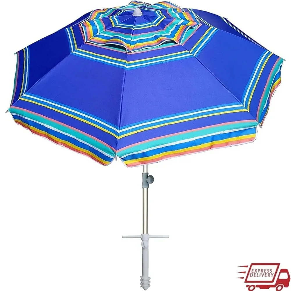 

7-футовый сверхмощный пляжный зонт, портативный солнцезащитный козырек с песчаным якорем, защита от ультрафиолета, ветрозащита, регулируемая высота, наружное использование