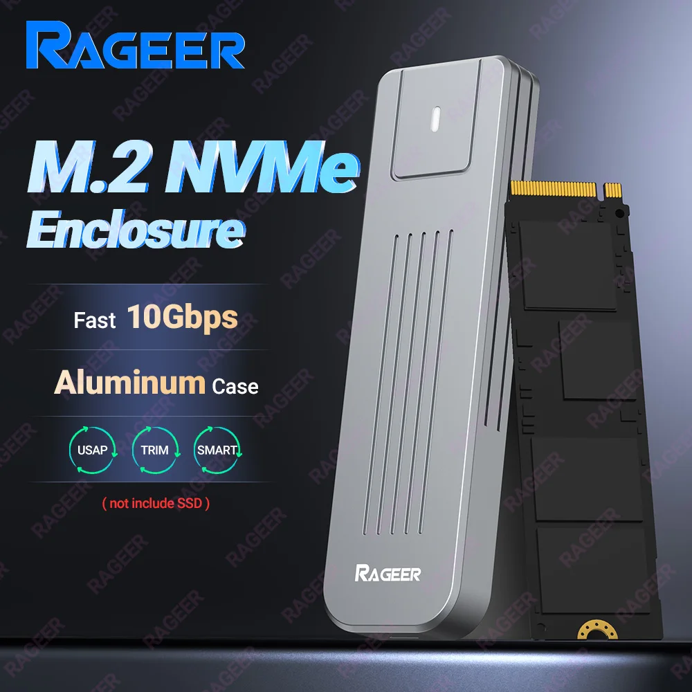 

RAGEER M.2 NVMe SSD Enclosure, USB Type C Gen2 10Gbps PCIe SSD Aluminum External Case for NVME PCIE SSD 2280 2260 2242 2230