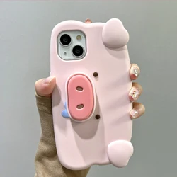 Fun 3D Pink Saliva Pig Nose Invisible Bracket Case For iPhone 13 14 15 16 17 Pro Max Cute Creative Holder Stand Shockproof Cover
