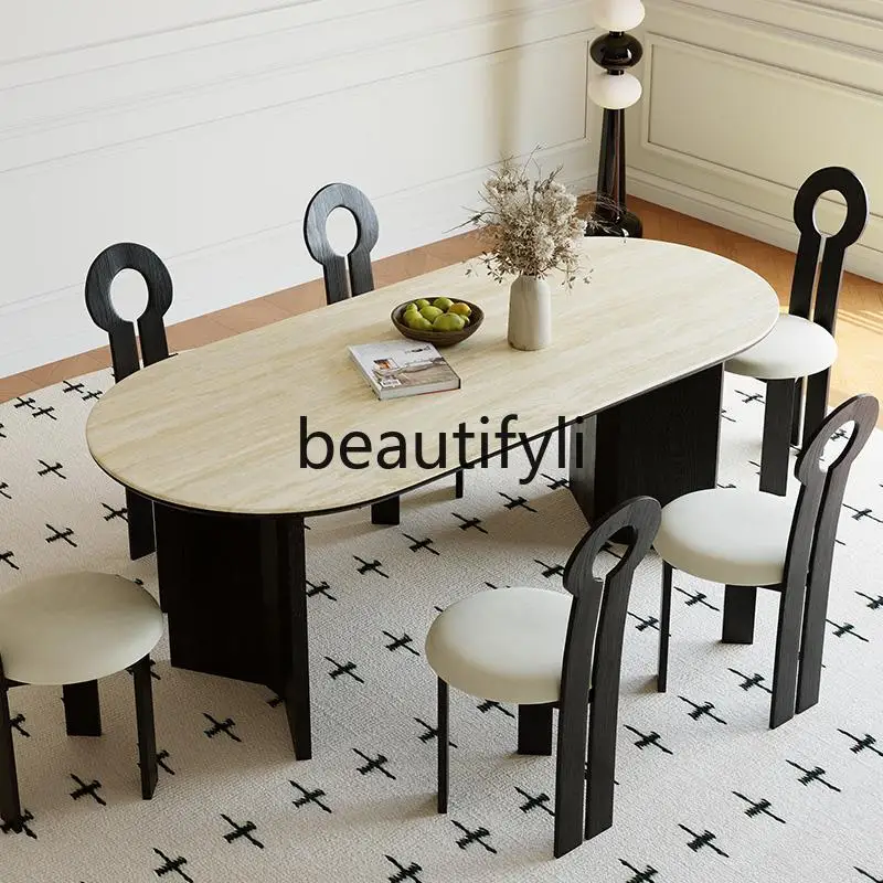 

French cream style small apartment travertine rock slab dining table oval, solid wood retro medieval dining table and chairs