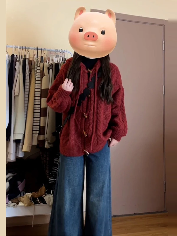 Laid-ba Sle Neujahr, rot, geknöpfter Kapuzenpullover, Strickpullover, Mantel, Damen, Herbst und Winter, 2022, neue gestrickte offene Strickjacke